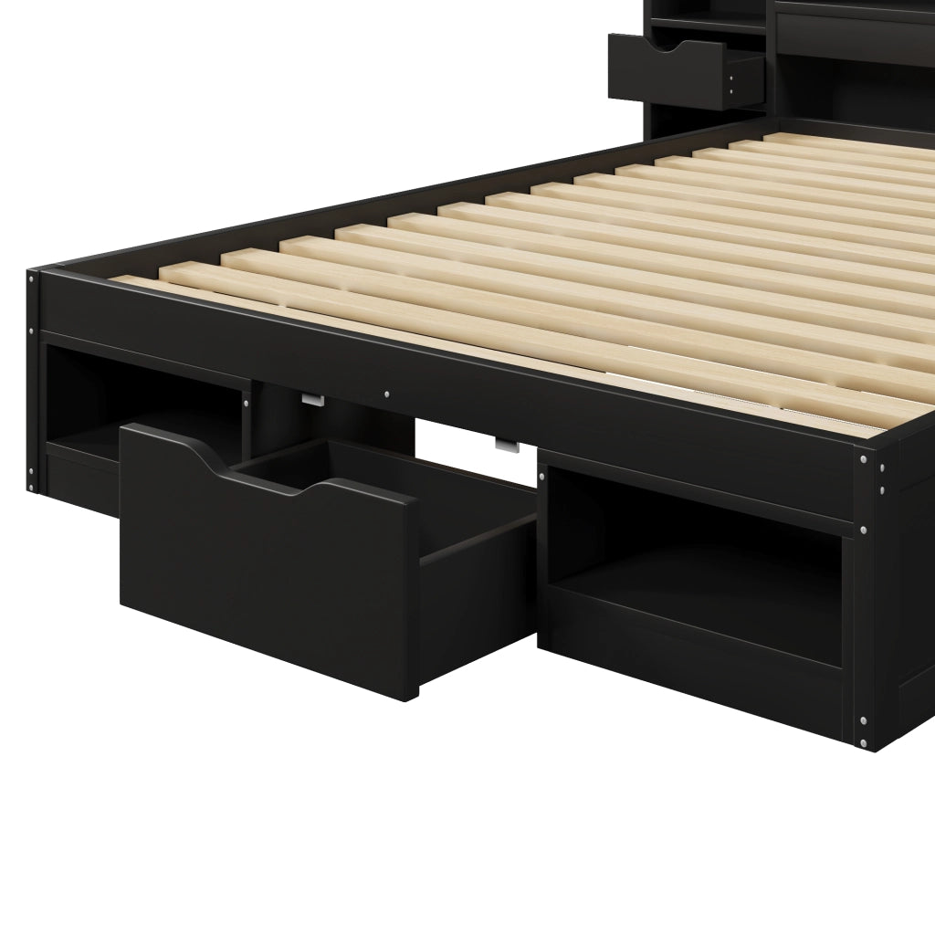 Letto piattaforma 140x200 cm con vani; 3 cassetti e illuminazione LED; nero