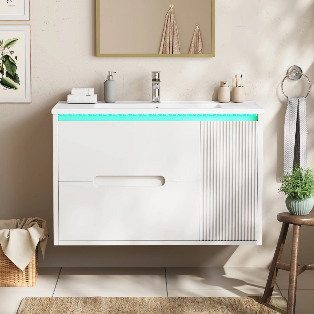 Mobile bagno sospeso 81 cm bianco con lavabo in ceramica e cassetti