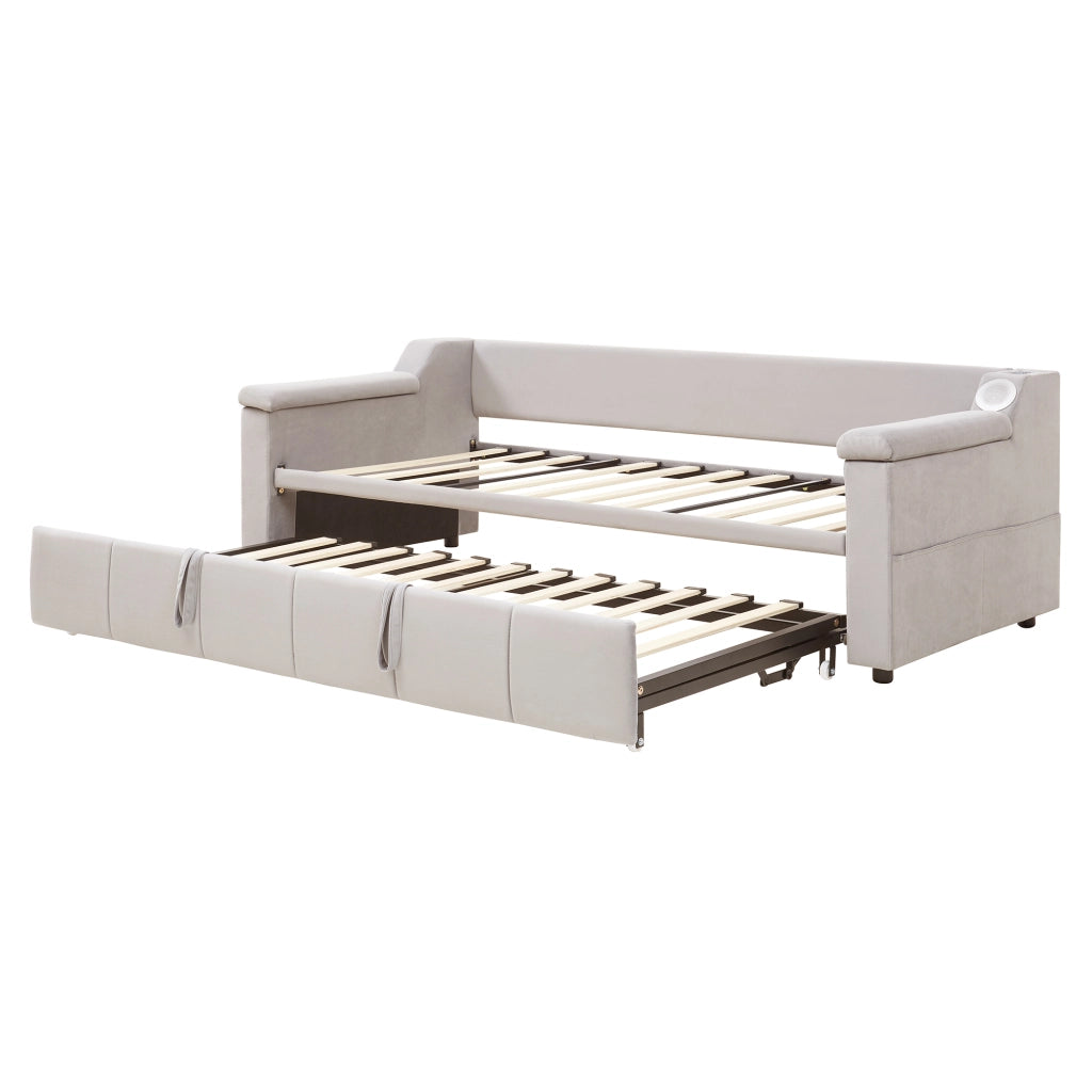 OKWISH Letto a Scomparsa 90×190 cm, Letto Singolo con Bluetooth, USB, Vani Portaoggetti e Braccioli, senza Materasso, Beige