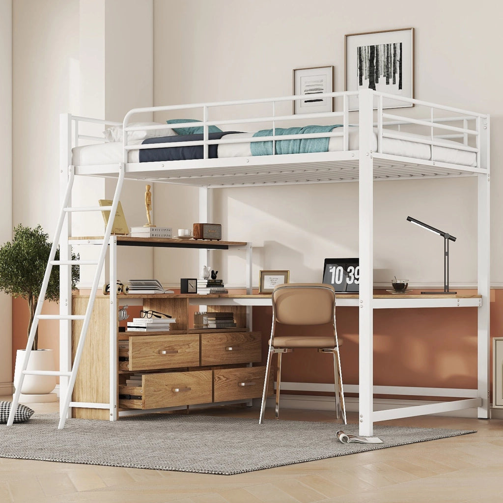 Letto a castello bianco con scrivania a L funzione contenitore struttura in metallo e MDF 140x200 cm
