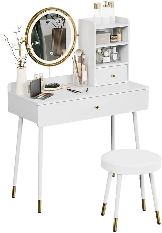 Tavolo da toeletta Mirela, Bianco, 90 cm con specchio LED e sgabello, adatto per la cura quotidiana e l'organizzazione di articoli cosmetici