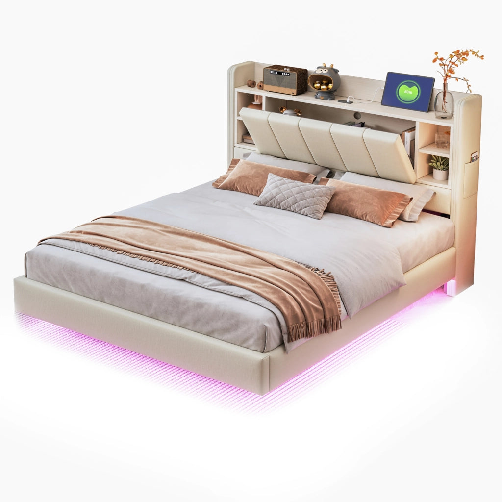 Letto Matrimoniale 140x200 cm; con USB e LED; Testiera con Ripiani e Vano Ribaltabile; in Beige