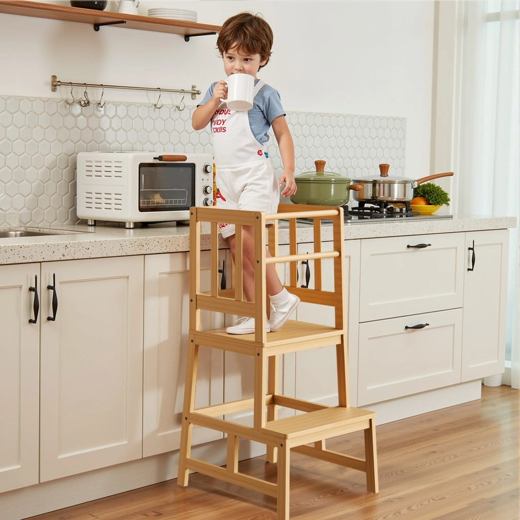 Torre Montessori in bambù 46x46x90cm, con barre di protezione, Learning tower Scala montessoriana