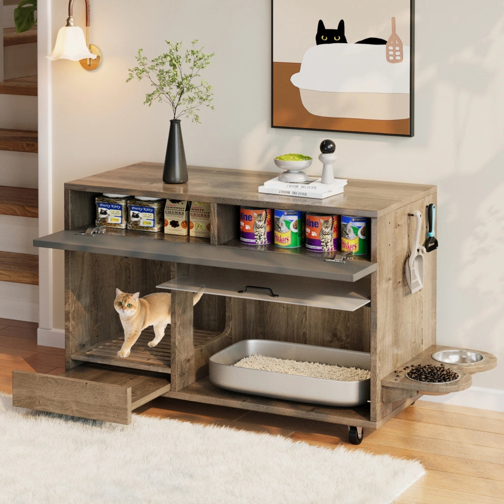 Mobiletto per Lettiera Gatto con Ciotole ¨C MINIMAL ¨C Legno, Rovere/Antracite, 100x45.5x67