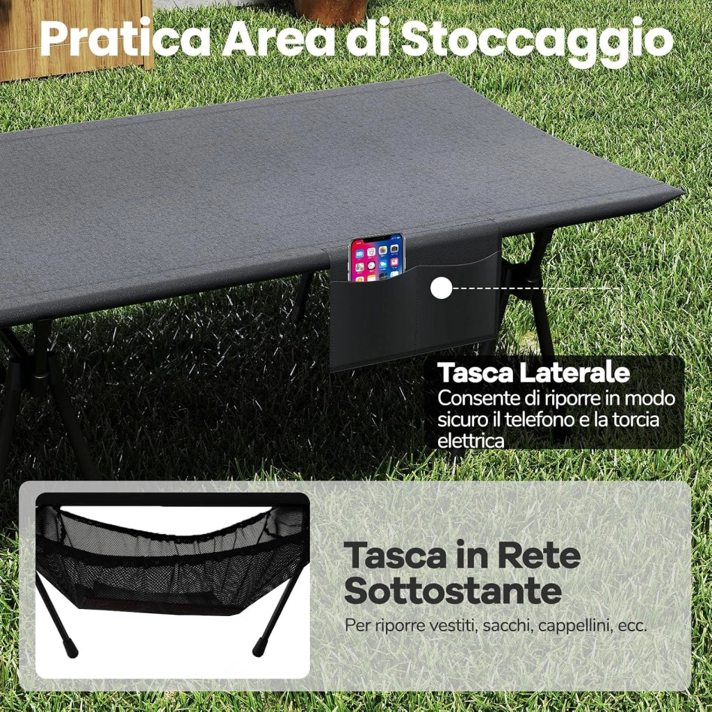 2-in-1 Brandina da Campeggio, Letto Pieghevole e Portatile con Estensori per Gambe, Tasca Laterale e Borsa da Trasporto, Lettino Regolabile in Altezza per Viaggio e Spiaggia, Portata 15 kg