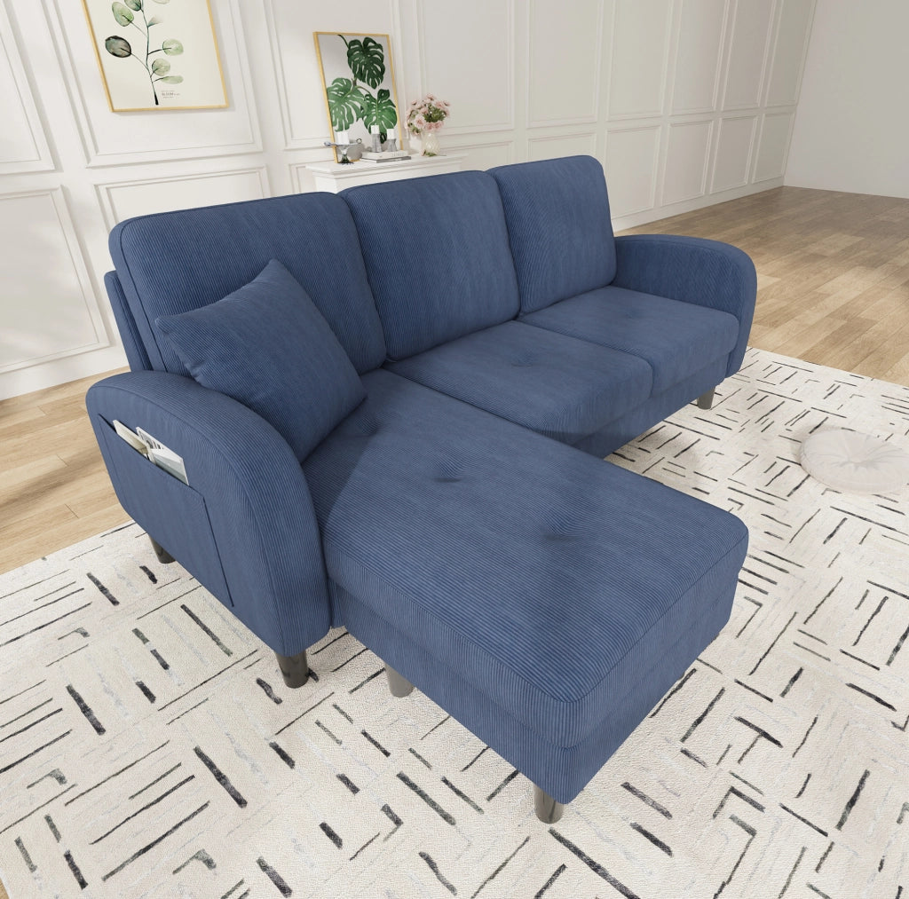 Divano angolare L 166x118x77 cm in tessuto blu, modulare, per spazi piccoli –
