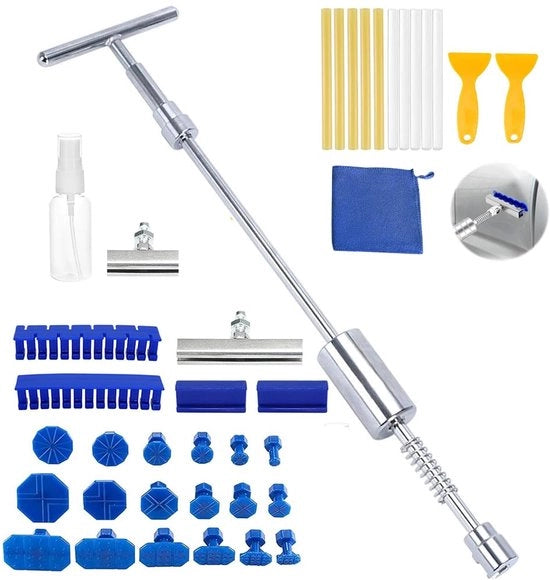 Kit di riparazione di ammaccature per auto a 39 pezzi, strumento per rimuovere ammaccature a forma di T, kit multifunzionale di riparazione di ammaccature per auto, kit di riparazione di ammaccature per auto per rimuovere ammaccature