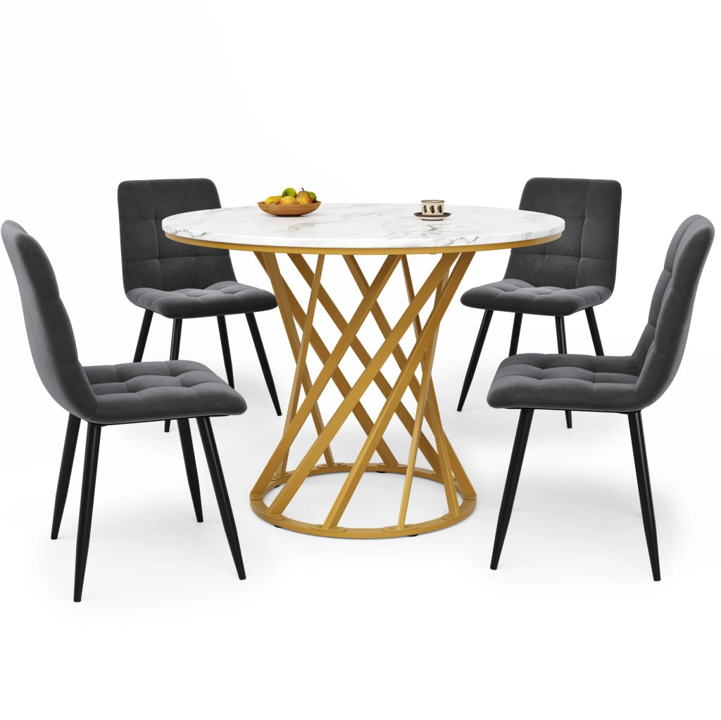 Set da pranzo 5 pezzi; tavolo rotondo 80x76 cm con motivo marmo; in MDF e metallo; multicolore