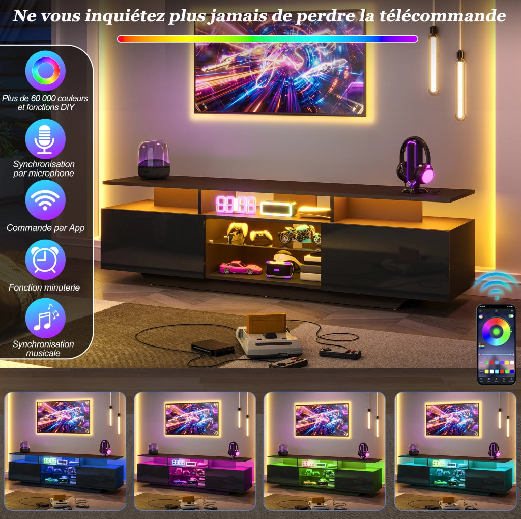 Mobile porta TV 160 x 40 x 45 cm con LED via app; 2 vani chiusi; MDF; nero