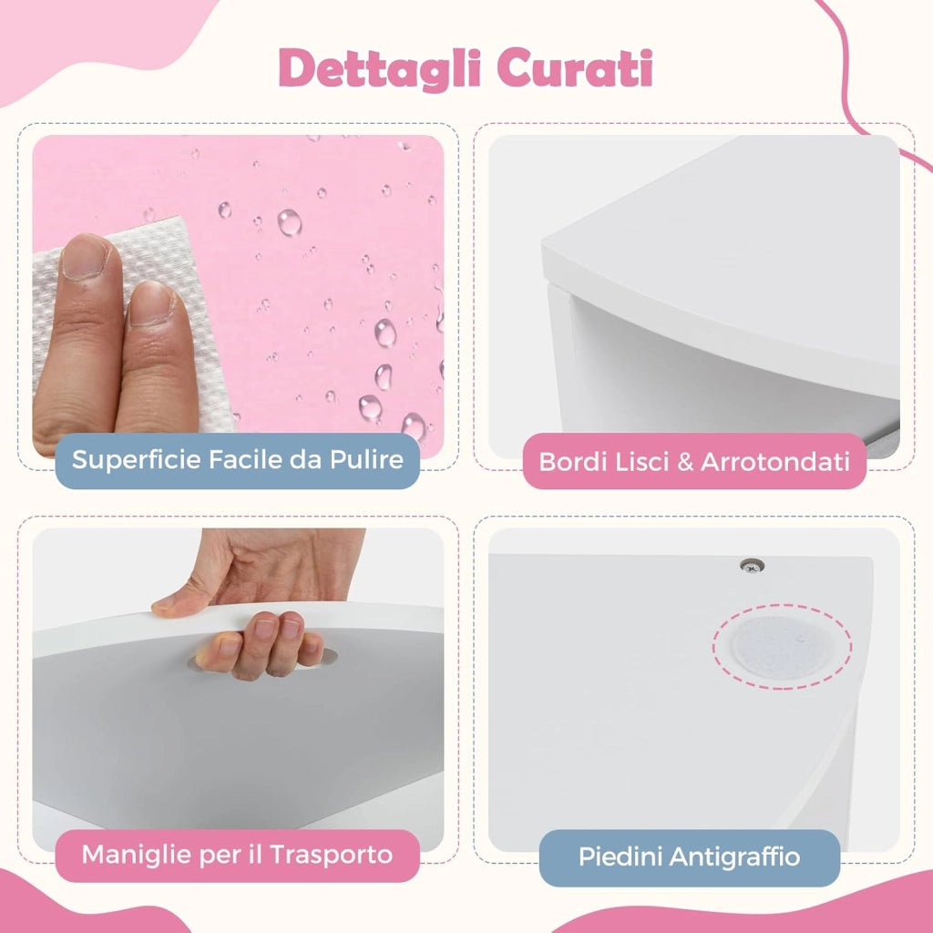 Set Tavolo e Sedie per Bambini a 5 Pezzi, Tavolino Rotondo Salvaspazio con 4 Sgabelli, Ripiano e 4 Cassetti in Tessuto, Set Mobili per Cameretta, Asilo e Disegnare (Rosa)