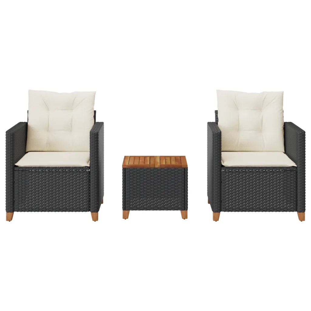 Set da Bistr¨° 3 pz | Set Salotto da Giardino con Cuscini Nero Polyrattan e Legno Acacia