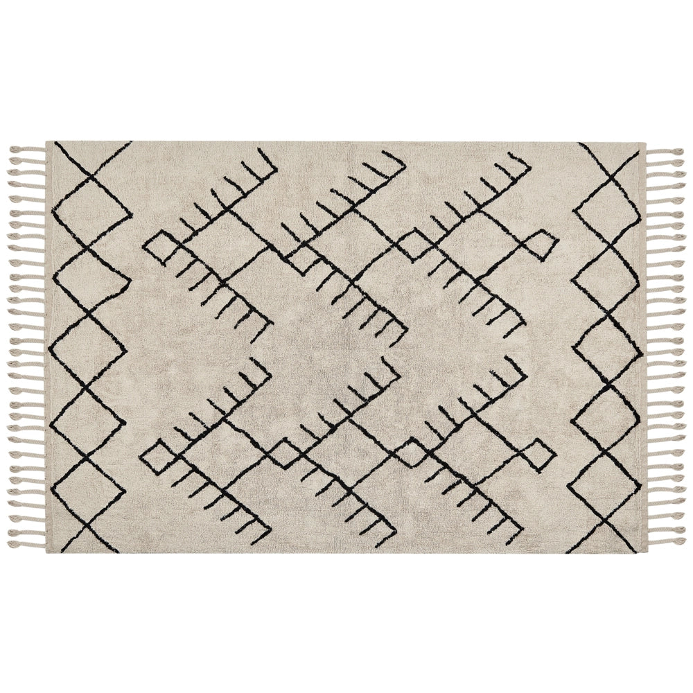 Tappeto beige e nero in cotone 160 x 230 cm rettangolare con nappe motivo geometrico stile boho per soggiorno camera da letto