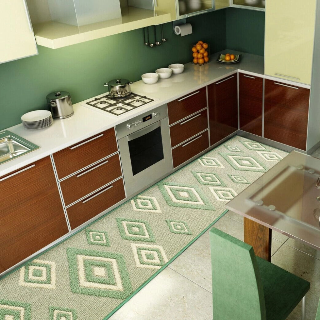 Tappeto Cucina Rombi .3D 50x90 Cm Assorbente Morbido Moderno Antiscivolo Verde