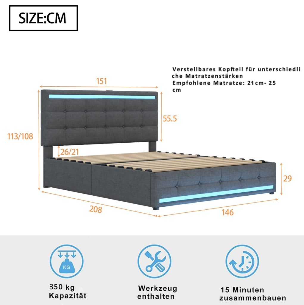 Letto imbottito 140x200 cm con LED e USB; con 4 cassetti; grigio