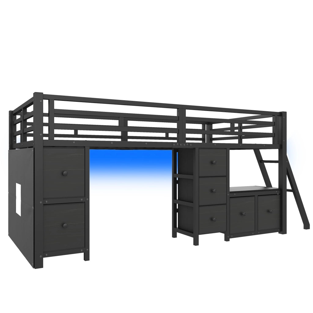 Letto a soppalco basso 208x98x104.5 cm con sponde di sicurezza; LED; metallo; nero