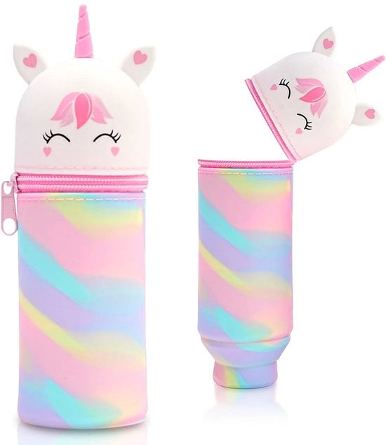Etui 2 in 1 con tema animale - carino astuccio per pennarelli in silicone morbido | Astuccio e porta pennarelli | Astuccio per scuola, ufficio (Camuffamento Unicorn Bianco)