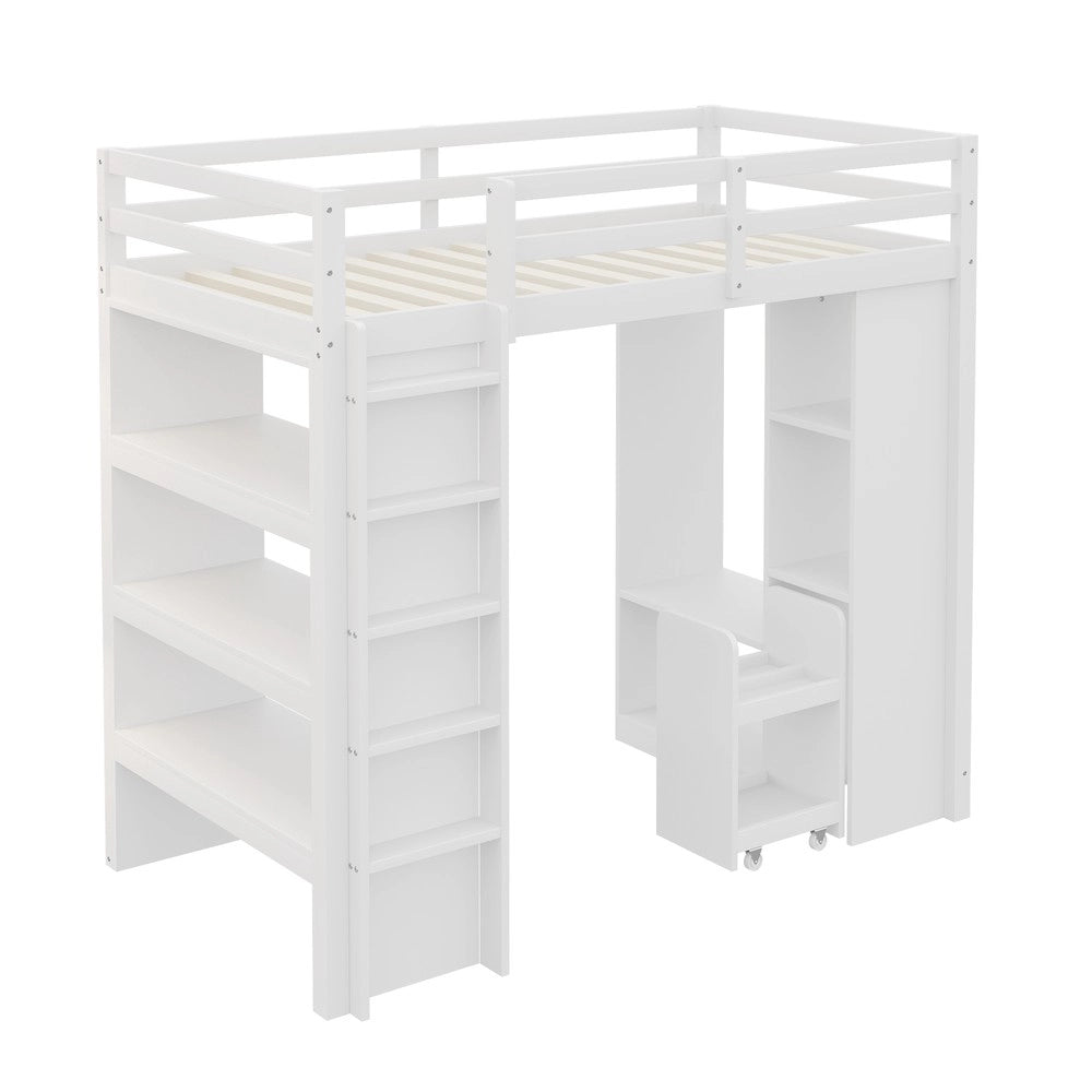 Letto a Soppalco Singolo ¨C MINIMAL ¨C Bianco, con Scaffali, Appendiabiti e Carrello, 90x200