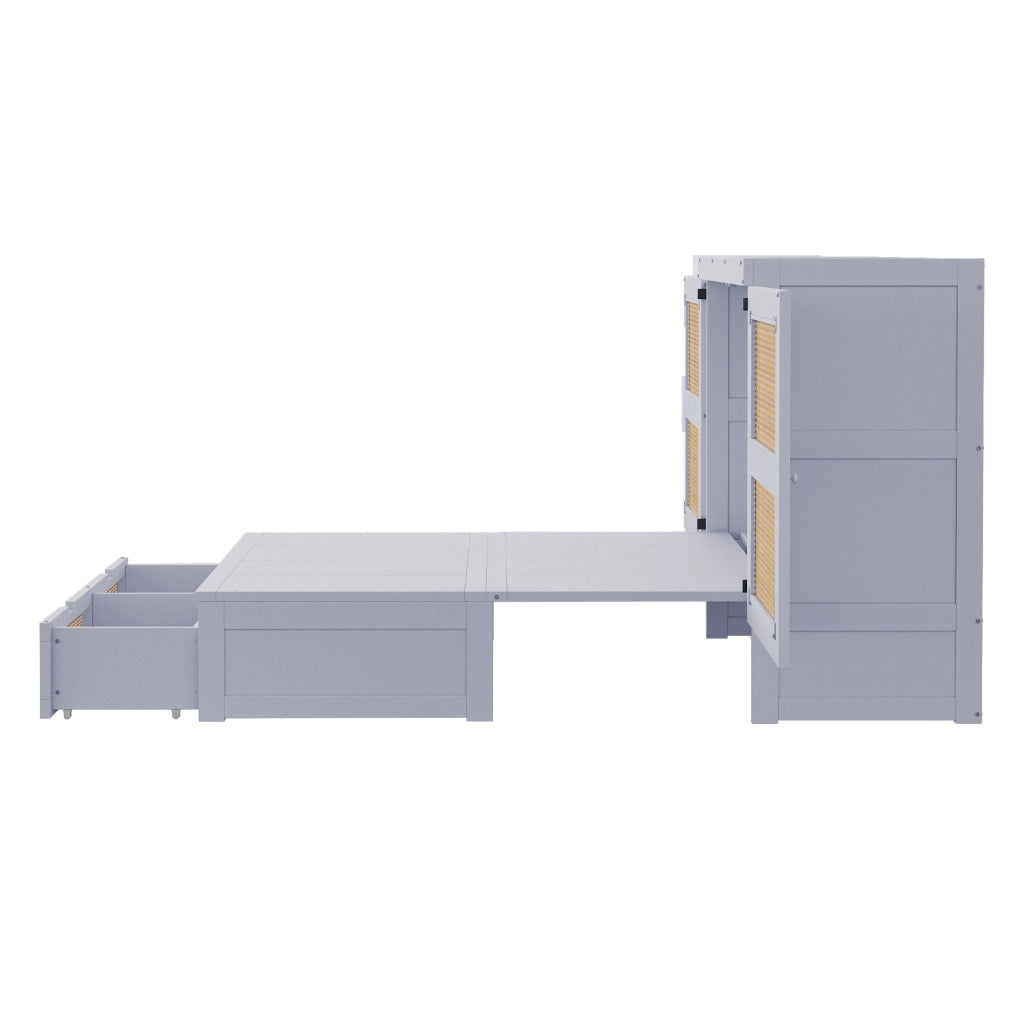 OKWISH Letto a scomparsa 140×200 cm, Letto Matrimoniale con 2 Cassetti, Ante Stile Rattan e Apertura 270°, senza Materasso, Grigio