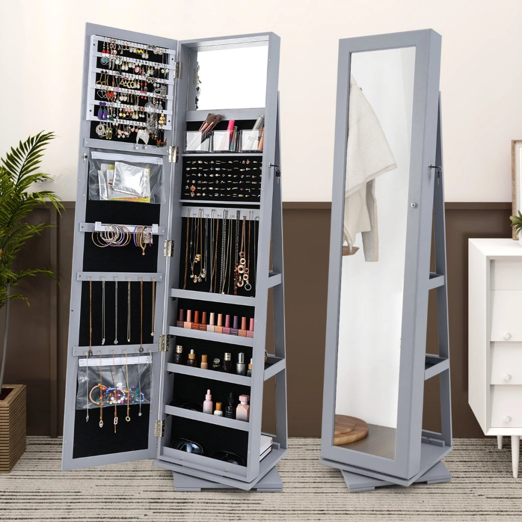 Armadio portagioielli girevole a 360¡ã con specchio, Organizer gioielli 2 in 1 a figura intera Grigio chiaro-Armadietti per gioielli