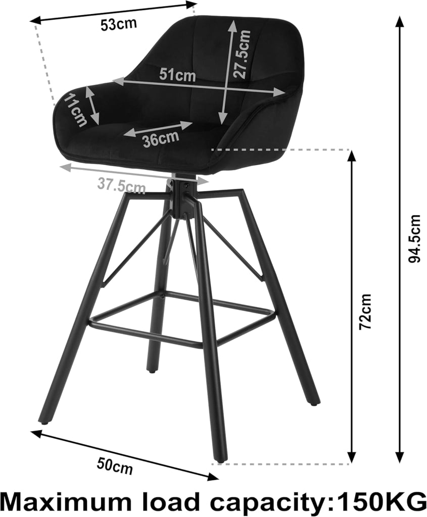 6 Pezzi Sgabello da Bar con Poggiapiedi, Sedia da Cucina con Sedile Girevole, Sgabello Alto con Schienale e Braccioli, Seduta in Velluto e Gambe in Metallo, Nero, BH397sz-6