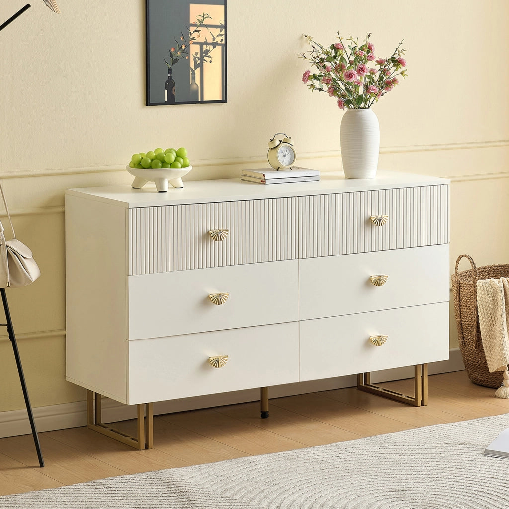 Credenza moderna con 6 cassetti - Zephmum- Bianco e oro, design elegante in MDF e acciaio, 120x40x75 cm
