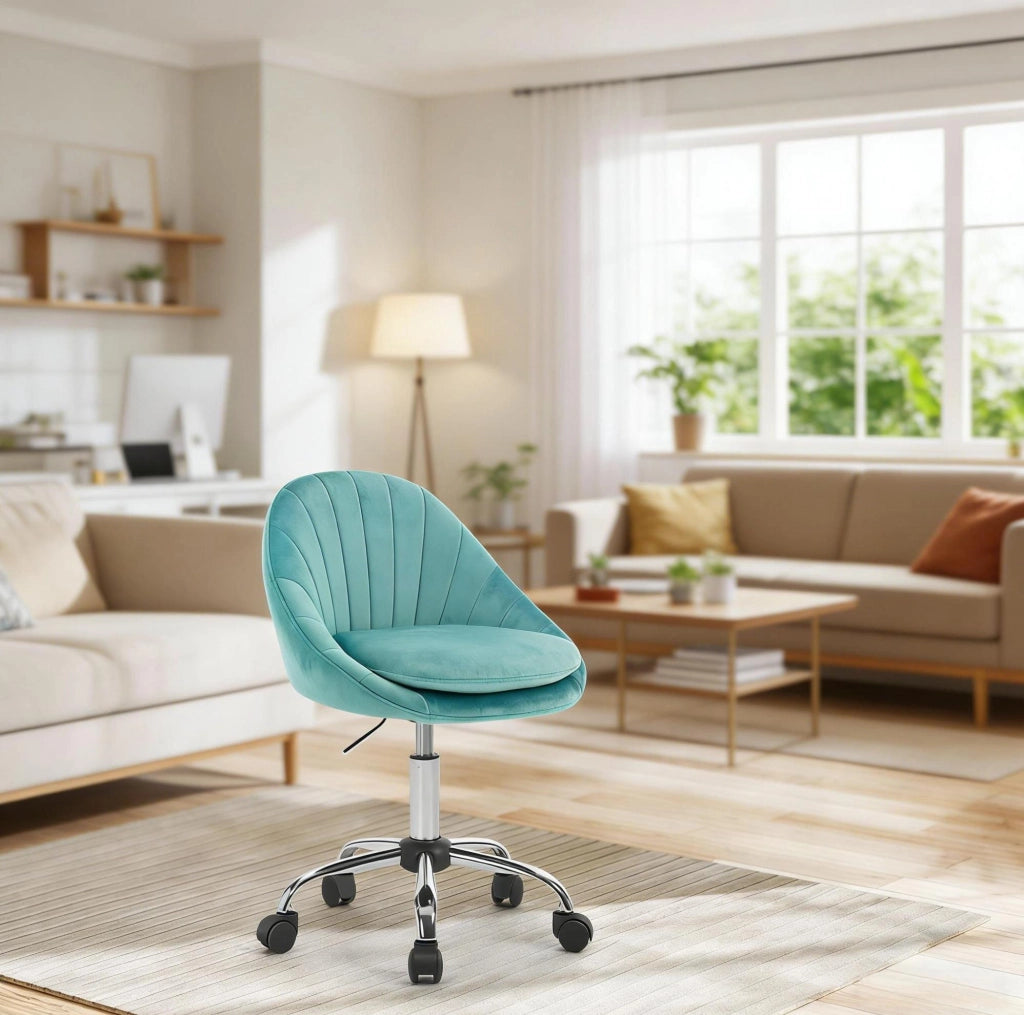 Sedia da ufficio ergonomica turchese in velluto regolabile con ruote