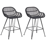 Set di 2 sedie da bar in rattan nero con struttura in ferro, per interni, stile boho, da sala da pranzo