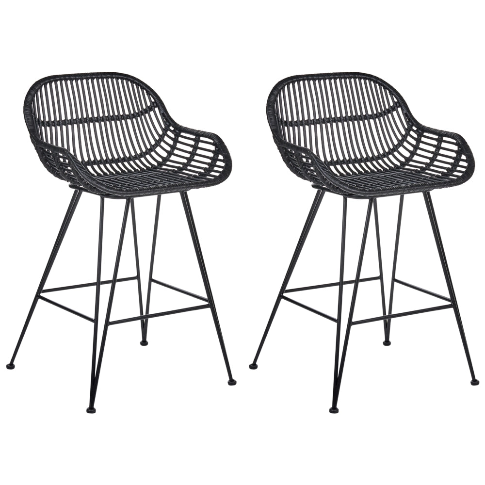 Set di 2 sedie da bar in rattan nero con struttura in ferro, per interni, stile boho, da sala da pranzo