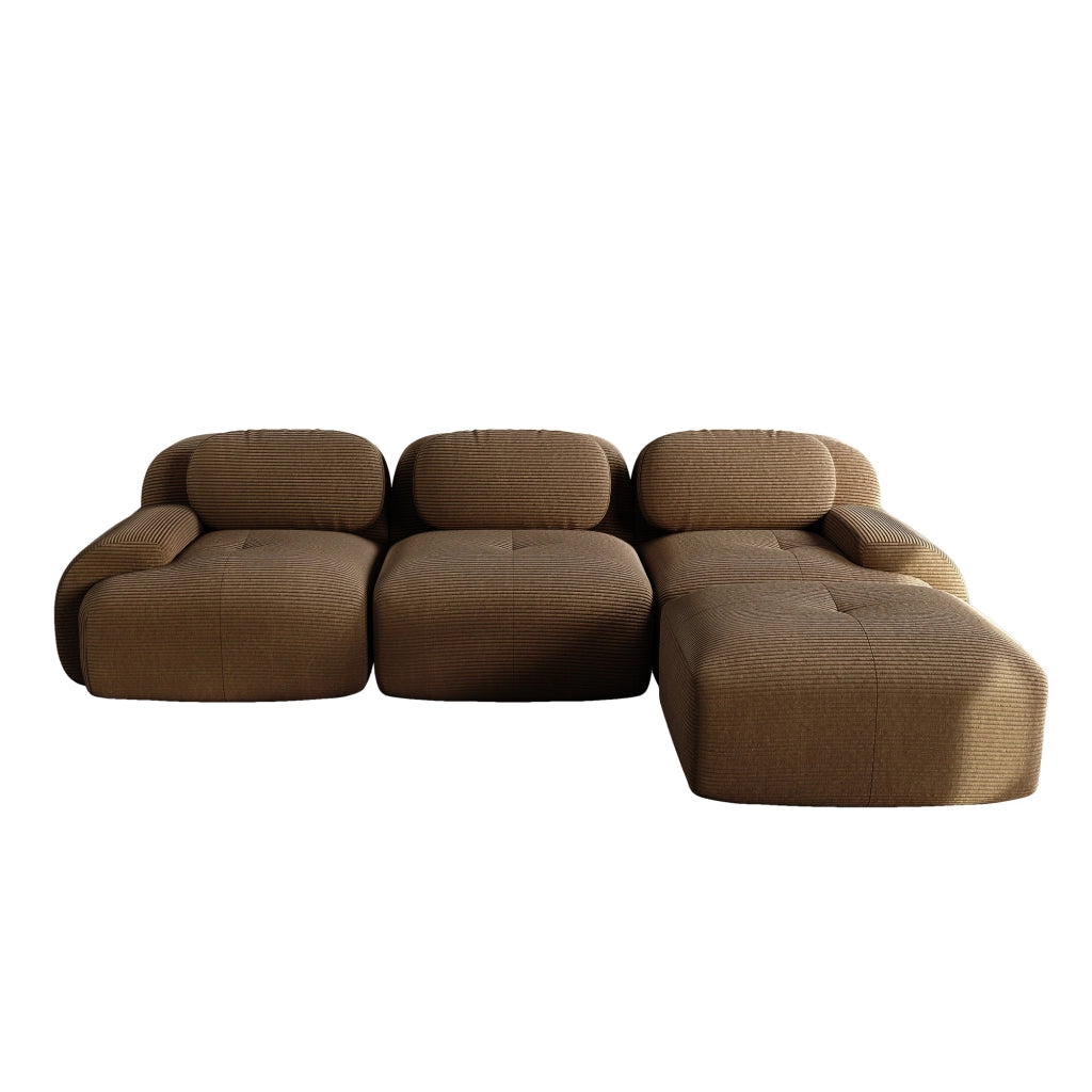 divano angolare modulare senza montaggio; design ergonomico con braccioli curvi; velluto a coste marrone