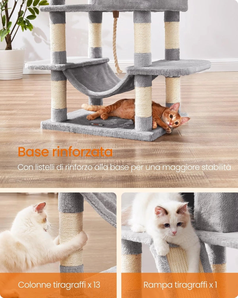 Feandrea Albero per Gatti, Alto 168 cm, Tiragraffi per Gatti con 13 Graffiatoi, 2 Posatoi, 2 Grotte, Cesto, Amaca, Pompon, in Peluche a Più Livelli per Interno, Grigio Chiaro PCT165W01V1