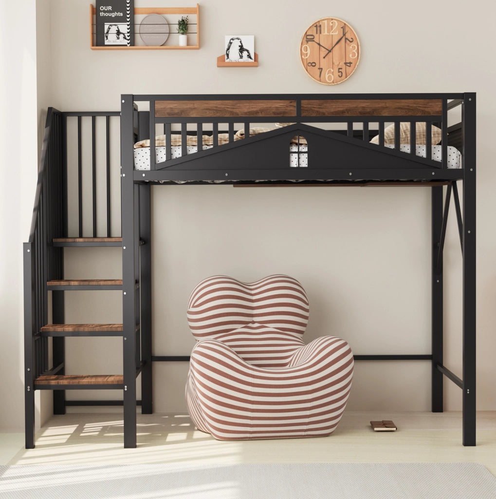 Letto a soppalco 90x200 cm in metallo con scala contenitore e barriera di sicurezza; nero