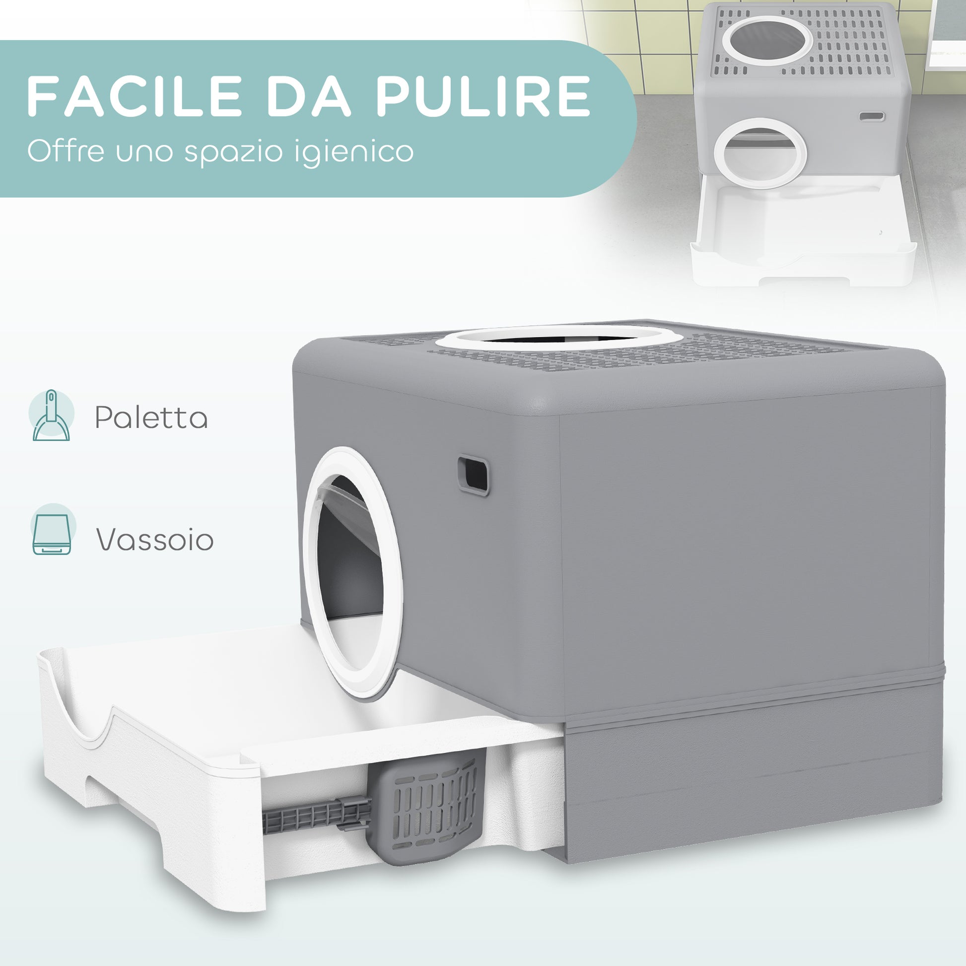 Lettiera per Gatti con Coperchio Doppio Ingresso 52x41x38.5cm e Vassoio Estraibile Grigio