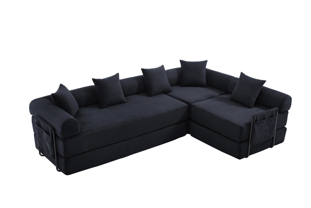 Divano modulare con tasca laterale e funzione letto 270x180x64 cm in velluto a coste nero