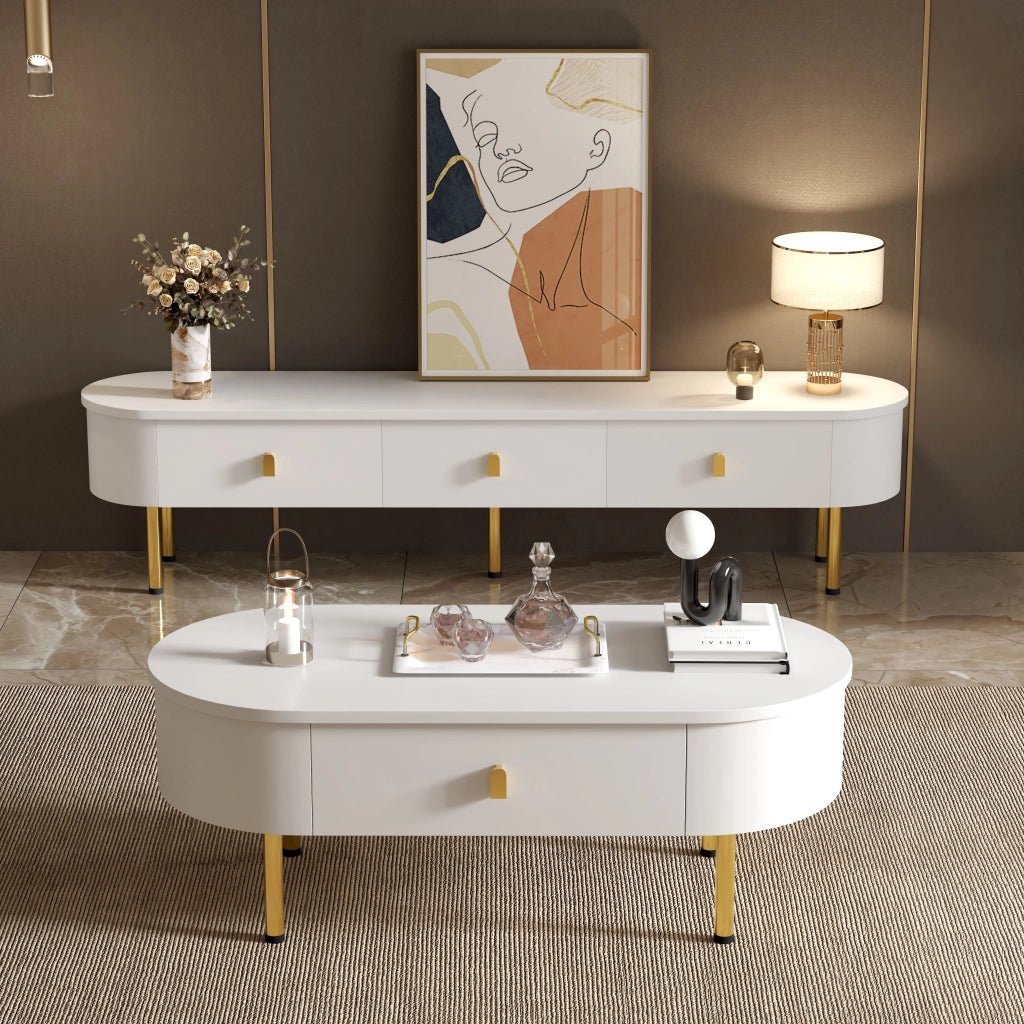 Mobile Porta TV con 3 Cassetti; Maniglie e Piedini Dorati; Angoli Arrotondati; Finitura Laccata; in MDF; 174??35??41 cm; Bianco