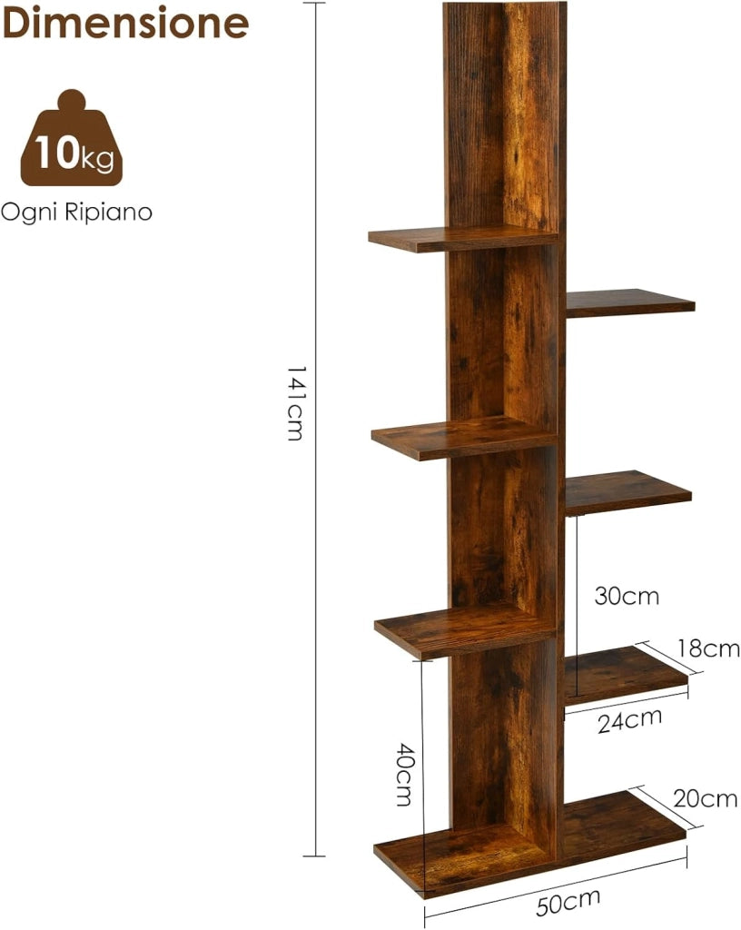 Scaffale in Legno per Libri, 6 Livelli, Libreria da Terra multiuso per Soggirno Ufficio Balcone, Ideale per per Soggirno Ufficio Balcone, 50 x 20 x 141,5 cm (Marrone)