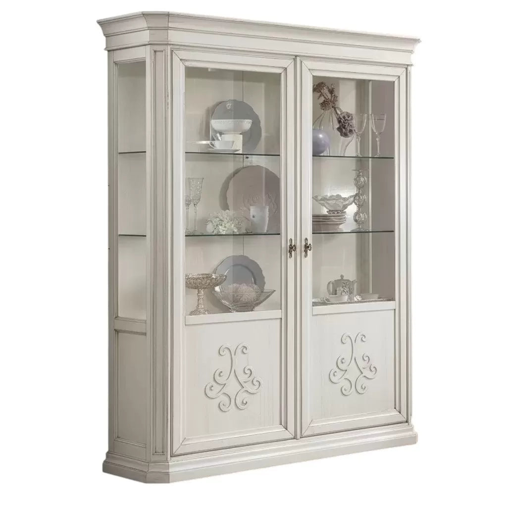 Vetrina classica 2 porte intarsio legno bianco anticato rilievi 162x54x217 - Mobili 2G
