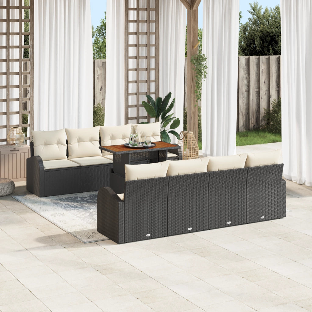 Set Divano da Giardino a 9 Pezzi con Cuscini Neri in Rattan