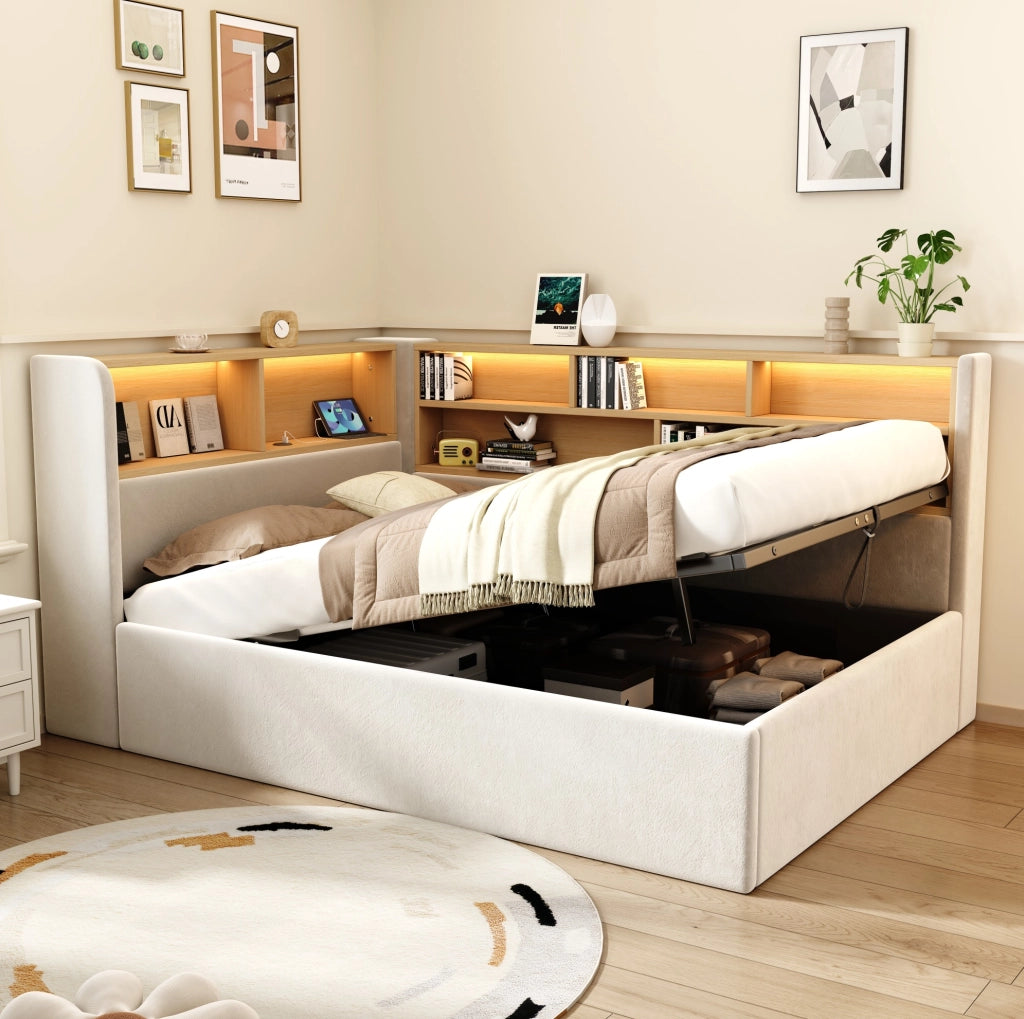 Daybed con contenitore idraulico; LED; USB e Type-C; velluto beige; 225x110x90 cm