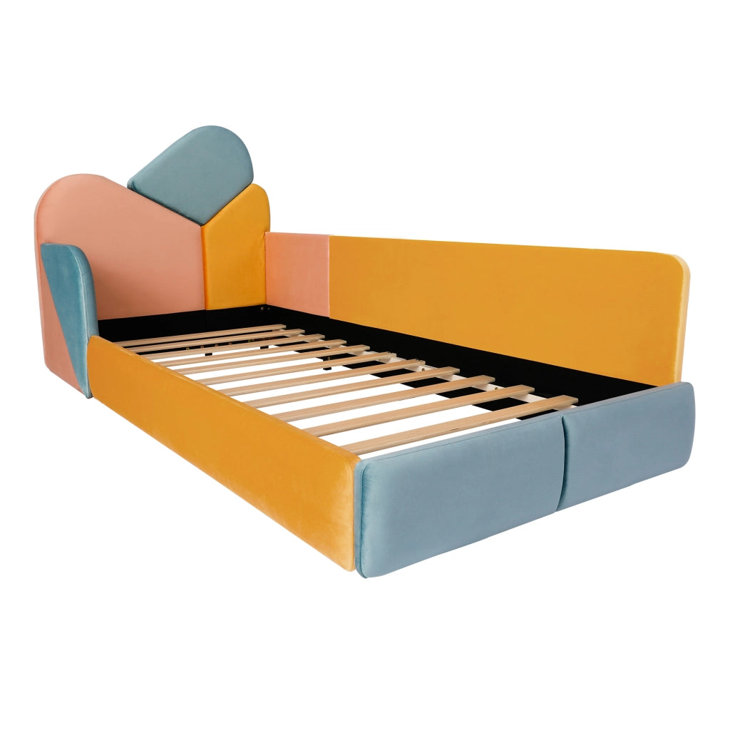 Letto imbottito per bambini 90x200 cm con sponde rialzate; velluto multicolore patchwork per cameretta