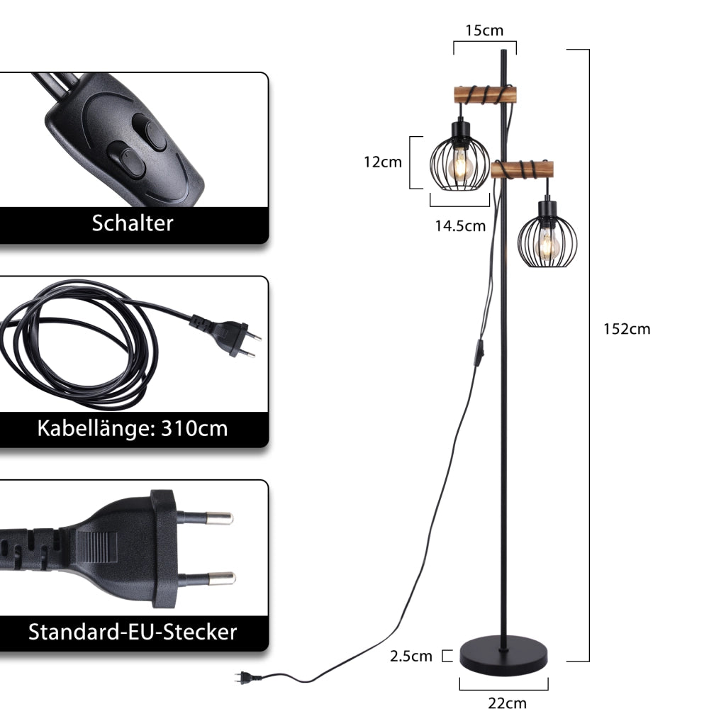 ZMH Lampada da terra nera 2 luci E27 metallo industriale vintage 151cm senza lampadina