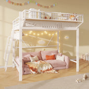 Letto a soppalco 140x200 cm in metallo bianco con vani contenitore e scala reversibile