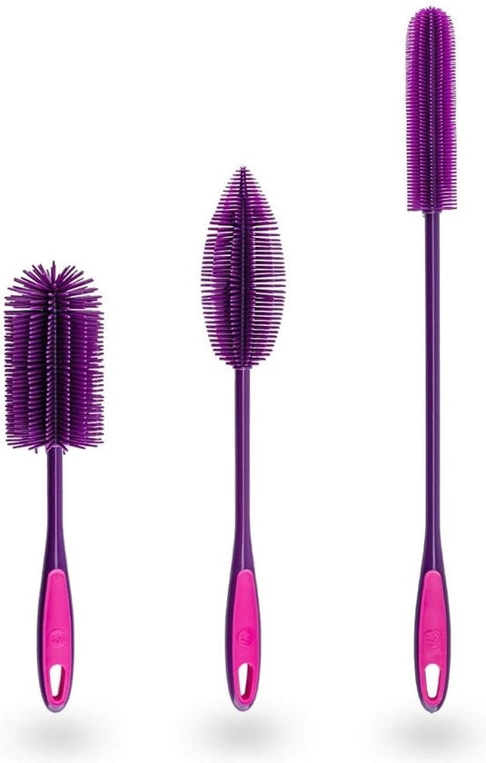 Set di pennelli in silicone, con 3 teste intercambiabili, pennello per bottiglie, pennello per lavastoviglie, antibatterico, sterilità garantita (blu)