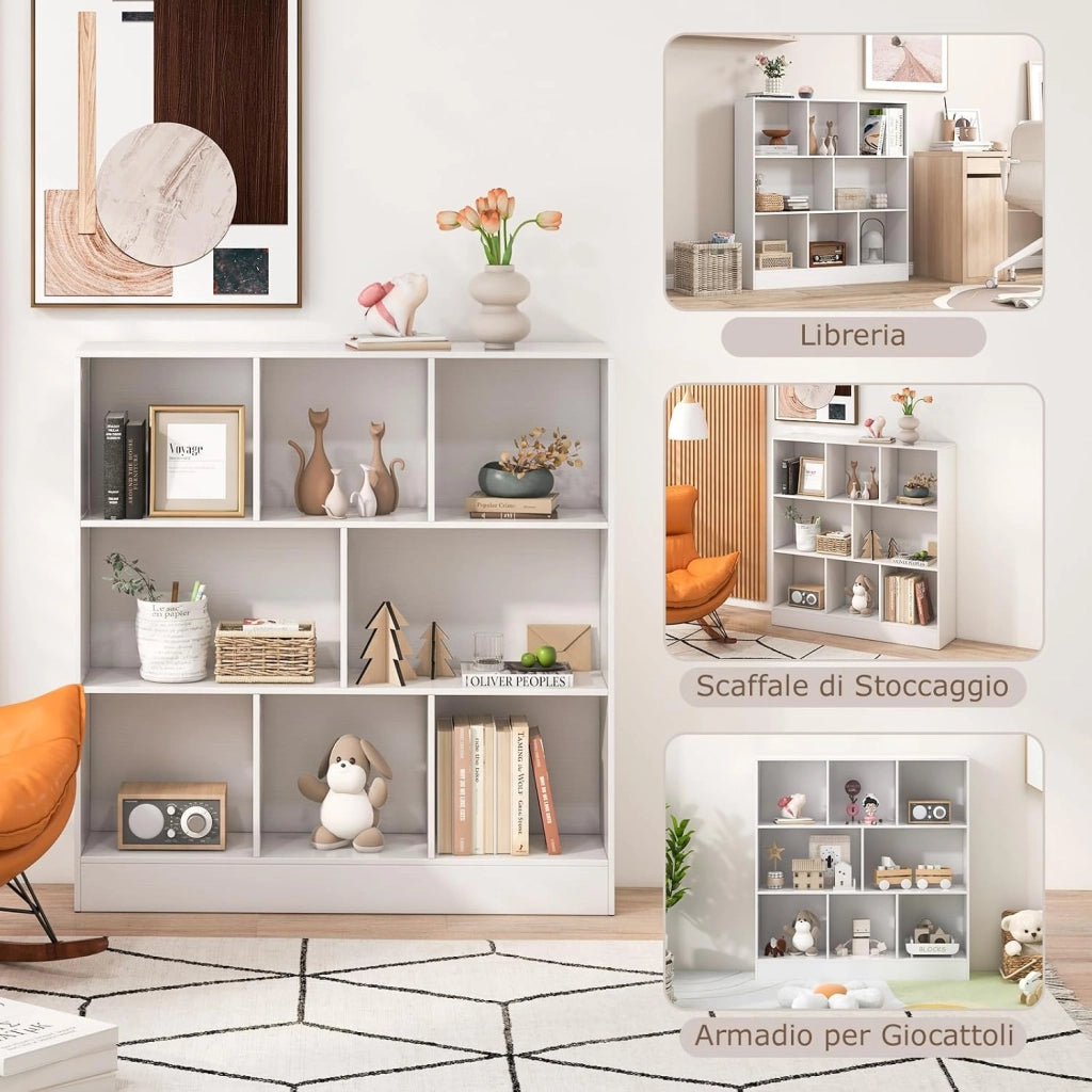 Libreria a 8 Cubi, Organizzatore di Stoccaggio a 3 Ripiani con 2 Kit Anti-Ribaltamento, Scaffale Multiuso in Legno per Soggiorno, Ufficio Stanza Bambini, 100x24x104 cm (Bianco)