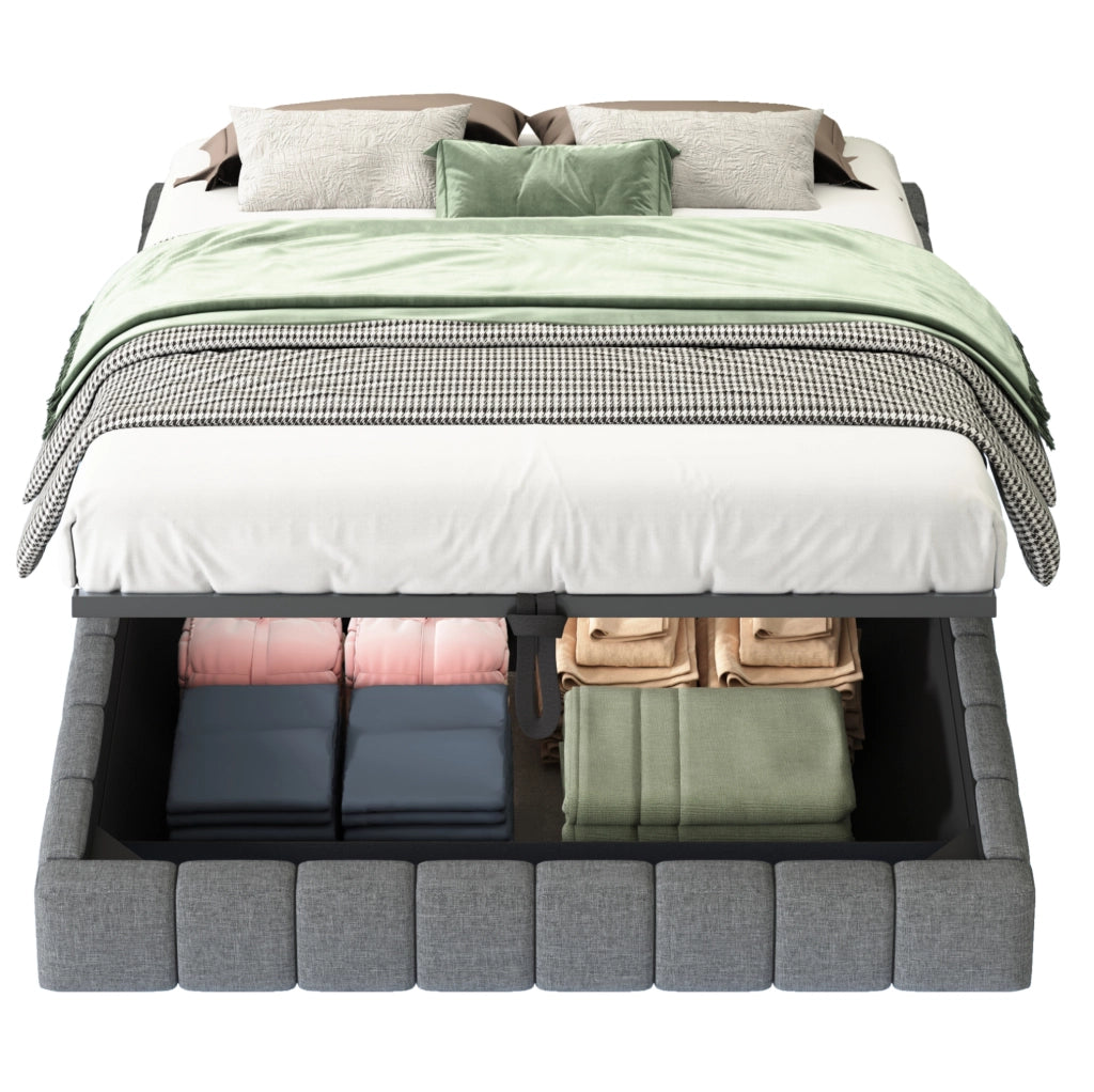 Letto imbottito flottante 140x200 cm con contenitore; LED a luce variabile; grigio