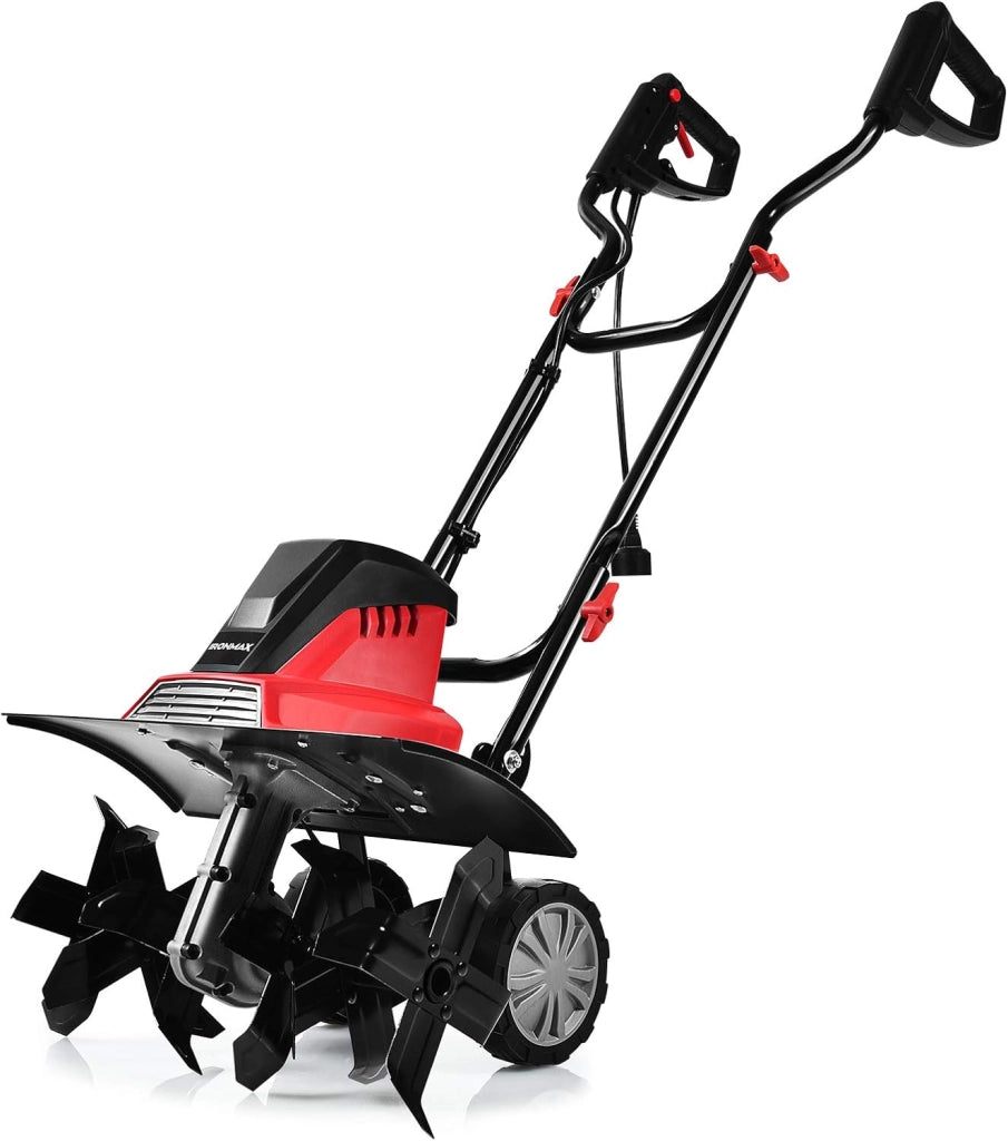 Motozappa Elettrica 1500W, Zappatrice Elettrica con Maniglia Pieghevole, Ruote Regolabili, 6 Lame, Velocità 400 PRM, Profondità 22 cm, Larghezza 43 cm (Rosso, 1500 W)