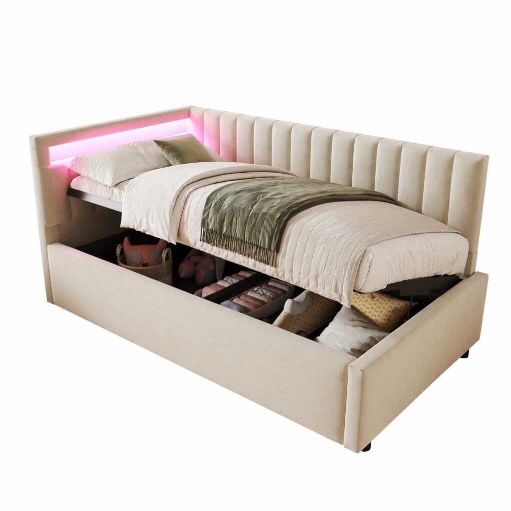 Divano Letto Imbottito 90x200 con LED e Contenitore Idraulico in Velluto Beige