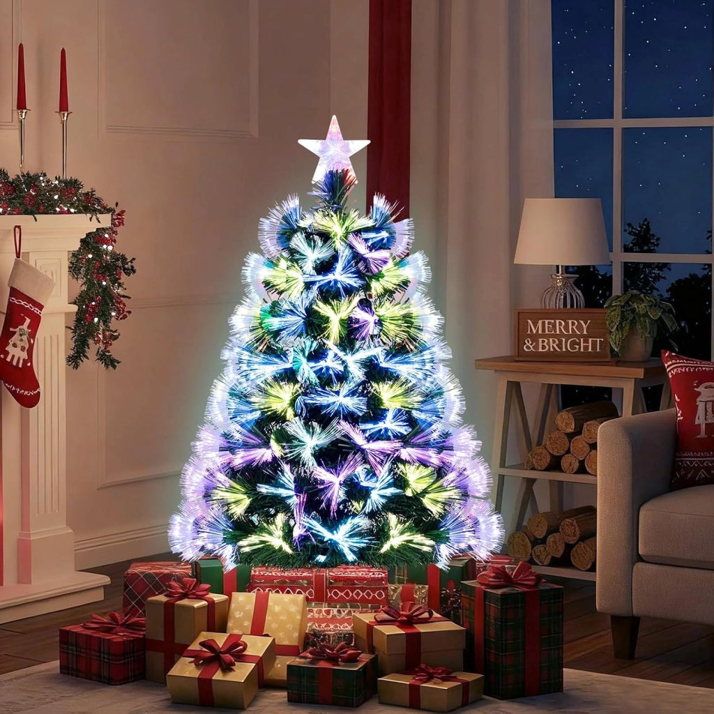 Albero di Natale Artificiale in Fibra Ottica 95 cm | Albero di Natale Pre-Illuminato con 93 Punte di Ramo, Stella Decorativa e Base Metallica, per Casa, Ufficio e Negozio
