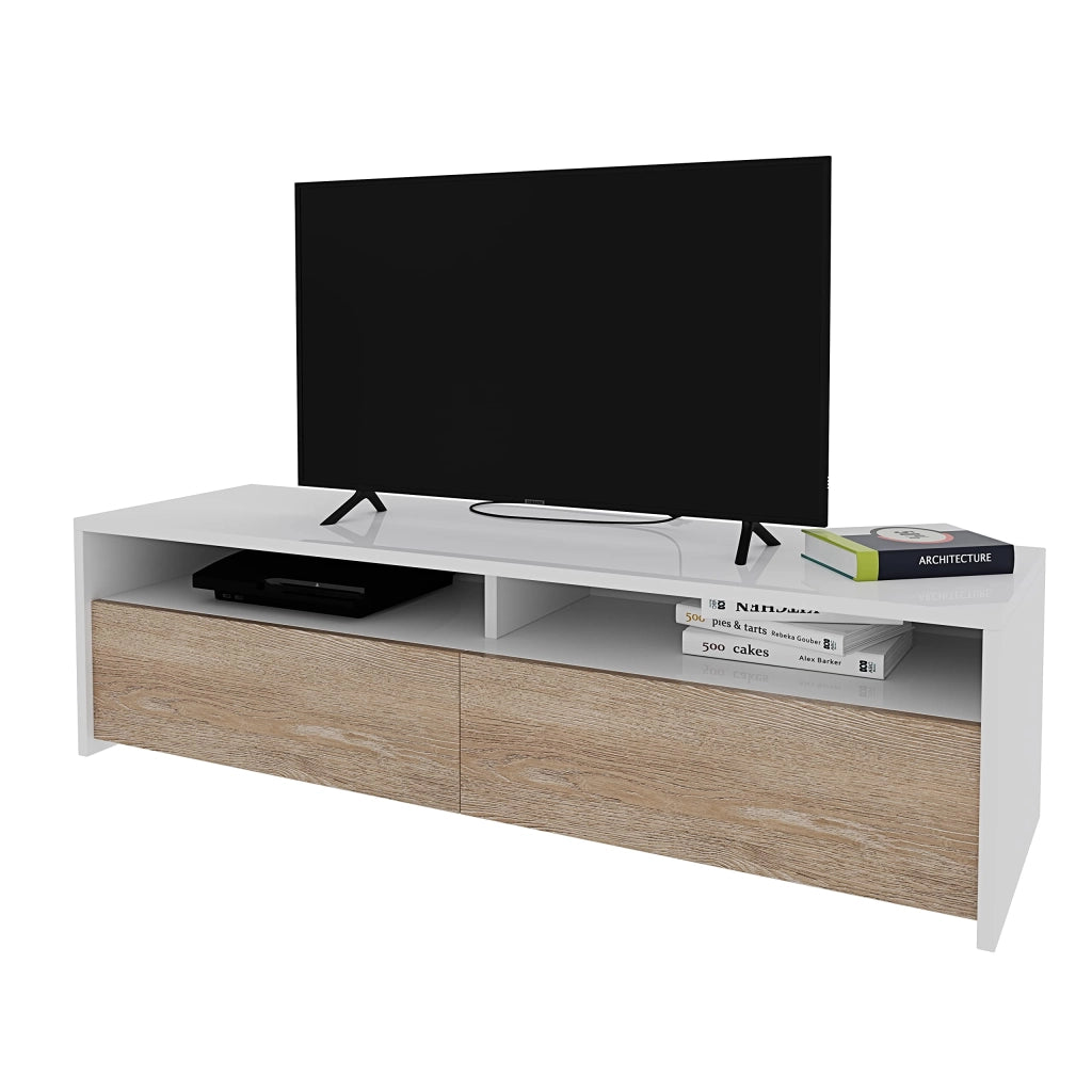 Mobile Soggiorno Porta Tv Moderno Parete Attrezzata Con 2 Ante E 2 Vani A Giorno Mobiletto Salvaspazio Da Terra Per Televisione Soggiorno Salotto Camera Da Letto 130 x 40 x 35 Cm Bianco E Rovere