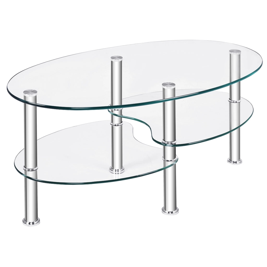 Tavolino da caff¨¨ in vetro a 3 ripiani da salotto-Tavolo da t¨¨ con design ovale per casa e ufficio  89x51x45cm Trasparente