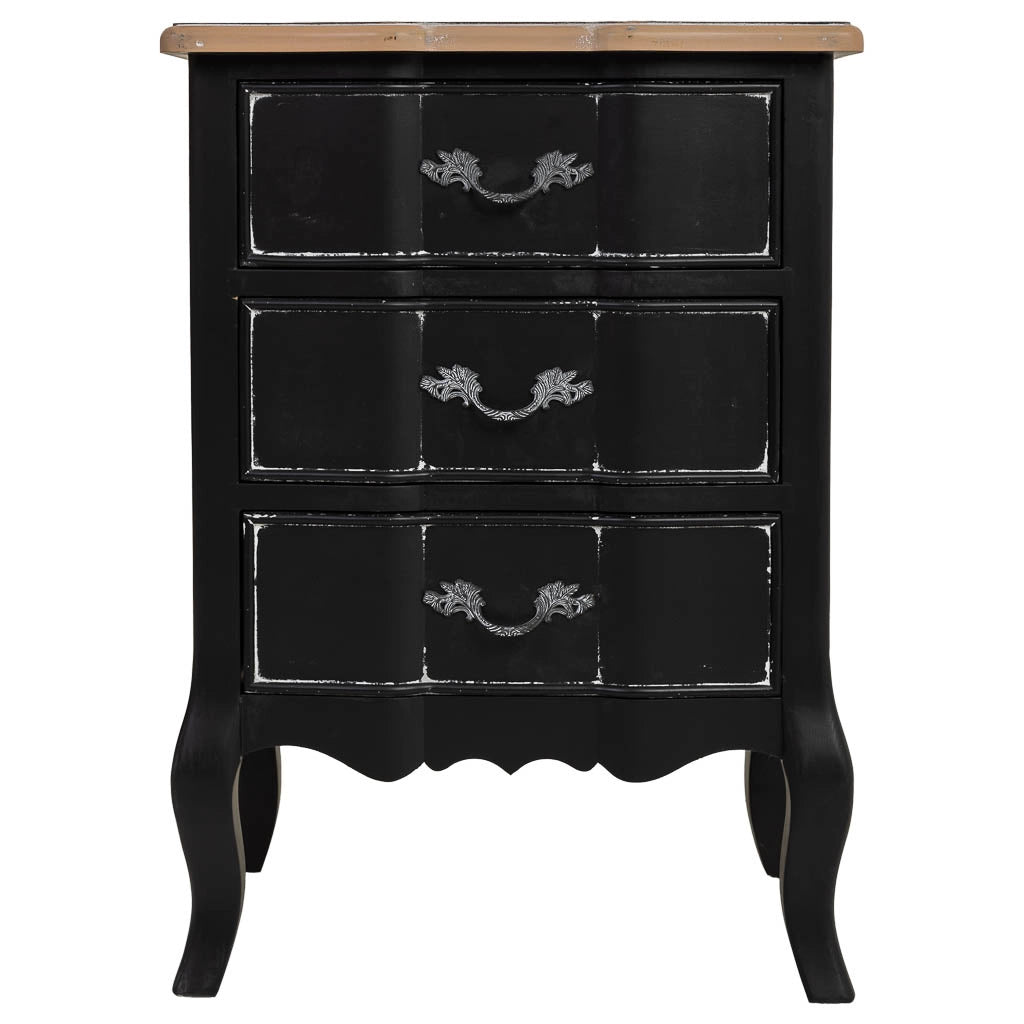 Tavolino in legno laccato nero invecchiato con 3 cassetti 50x40x70